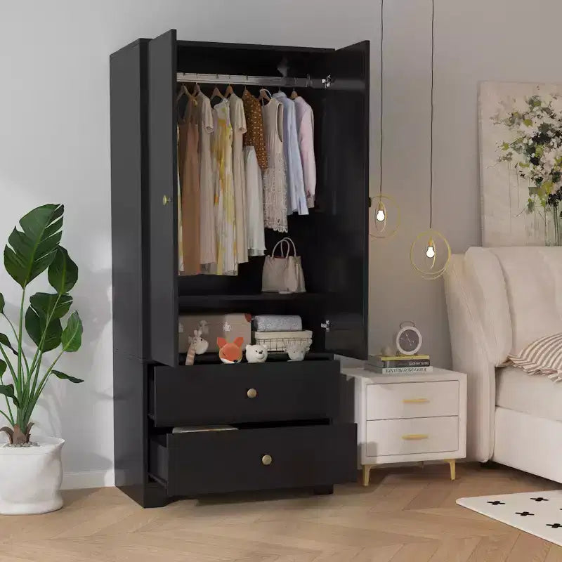 Armadio guardaroba moderno in legno da 71 pollici per camera da letto, con 2 ante, 2 cassetti, ripiani regolabili, vano porta abiti e barra appendiabiti