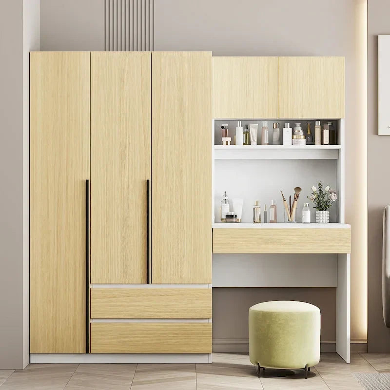 Roupeiro 3 em 1 com mesa de maquilhagem, conjunto de secretária, armário de quarto com 2 gavetas, 3 portas e espaço de arrumação