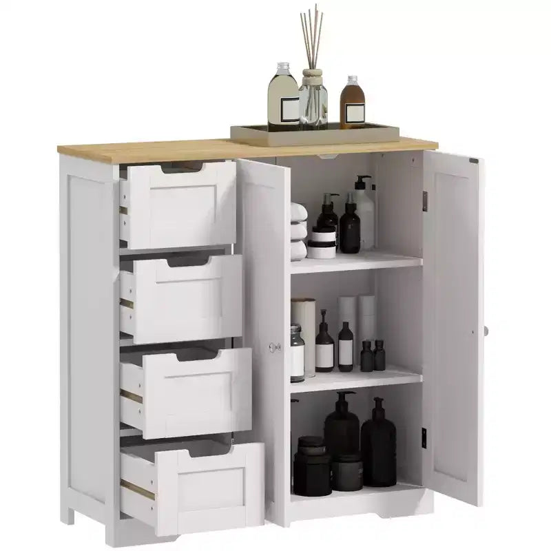 Armário de chão para casa de banho HOMCOM com prateleira ajustável, armário de arrumação independente para casa de banho com 4 gavetas e 2 portas, branco