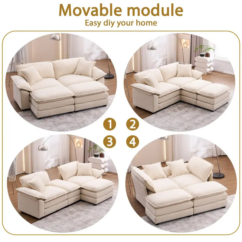 Canapé 2 places avec 2 coussins, 2 oreillers et 2 poufs, canapé confortable – canapé profond modulable pour le salon