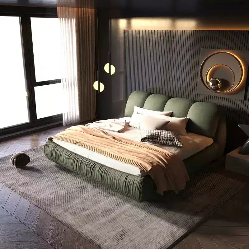 Lit plateforme queen-size de luxe rembourré MAYEERTY, avec dossier capitonné surdimensionné et cadre en bois massif, vert