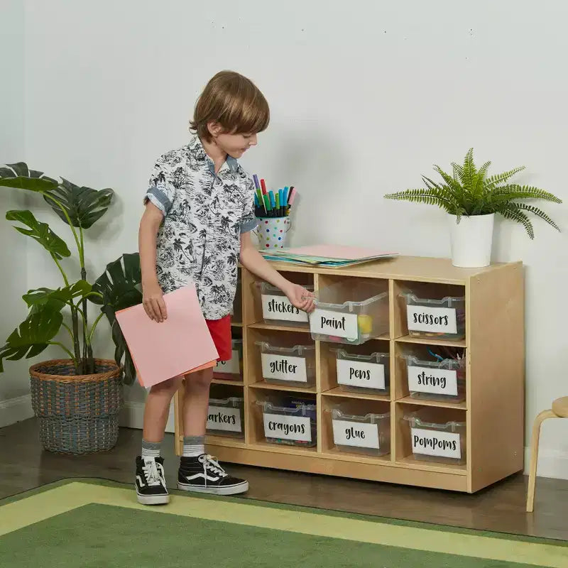 Armário móvel com tabuleiros e 15 compartimentos frontais tipo concha, 3x4, mobiliário infantil