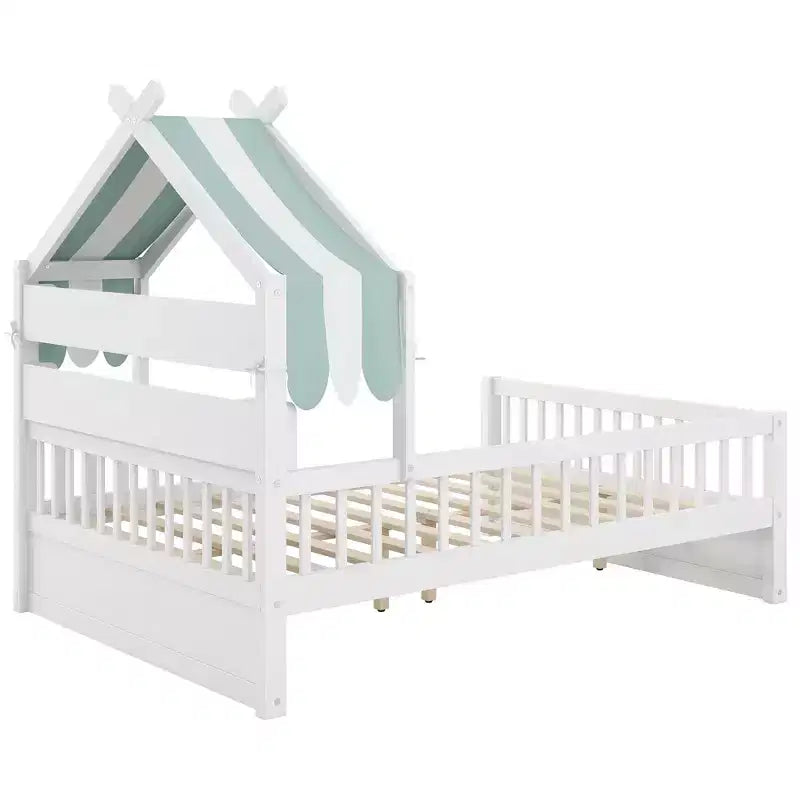 ModernLuxe Holzhausbett in Twin/Full-Größe mit Kopfteil und Stauraum, Kinderbettgestell aus massivem Kiefernholz mit Rausfallschutz