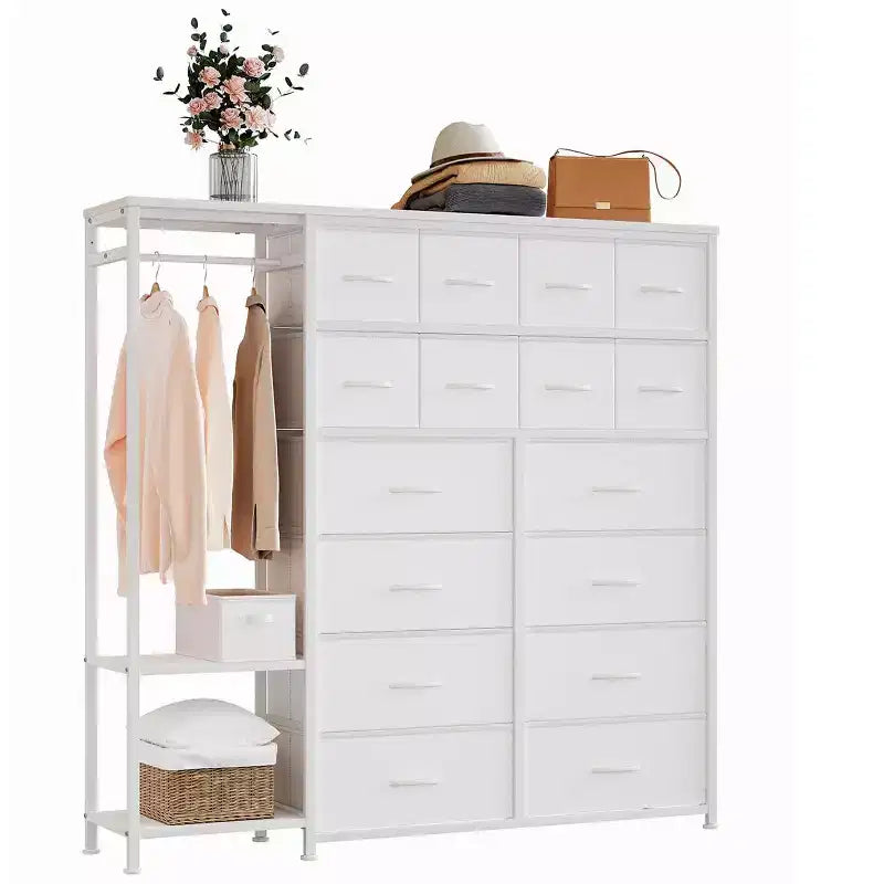 Cómoda com 16 gavetas, varão para pendurar roupa e prateleiras, organizador de arrumação em tecido para quarto, closet ou entrada