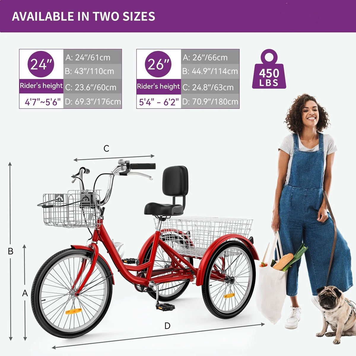 Triciclo azul para adultos de 26, bicicleta de 3 rodas com cestos amovíveis