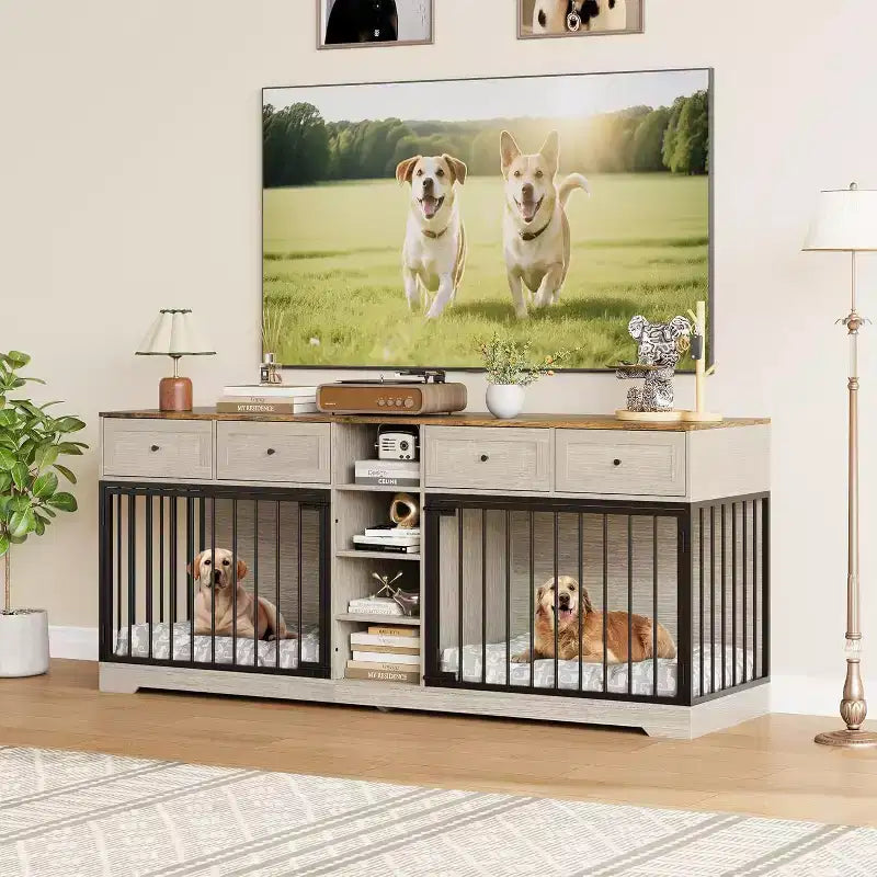 82 Casota de mobiliário para dois cães, canil grande para interior, casota de madeira resistente para 2 cães com suporte para TV, 4 gavetas e prateleiras