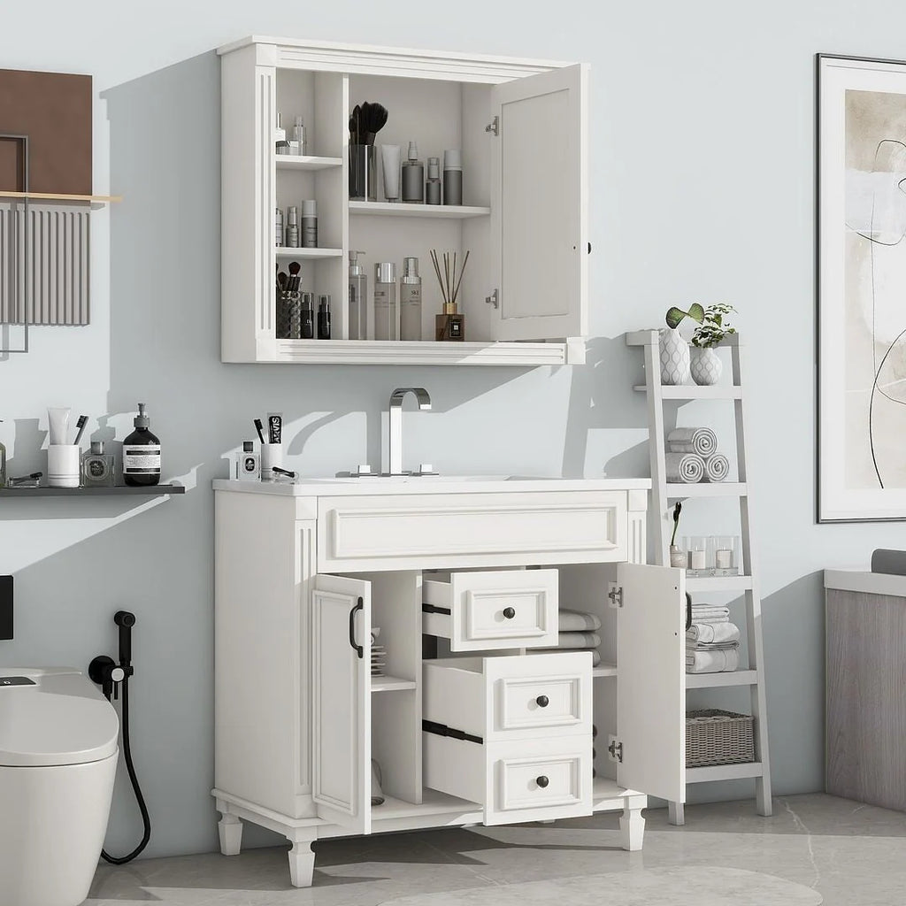 Moderne badkamermeubelset van 36 inch met wastafelblad, spiegelkast, 2 deuren en 2 laden