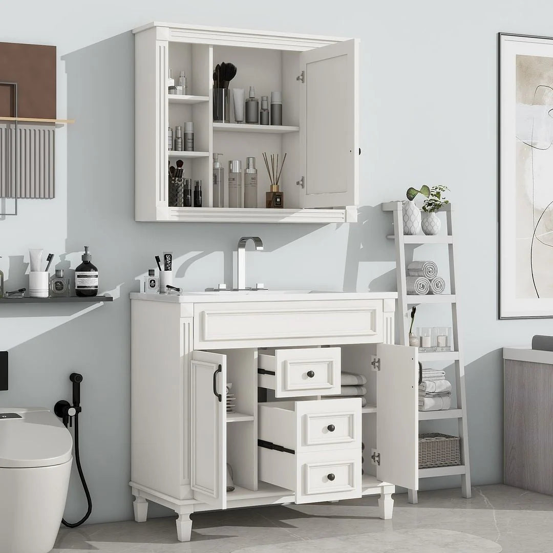 Moderne badkamermeubelset van 36 inch met wastafelblad, spiegelkast, 2 deuren en 2 laden