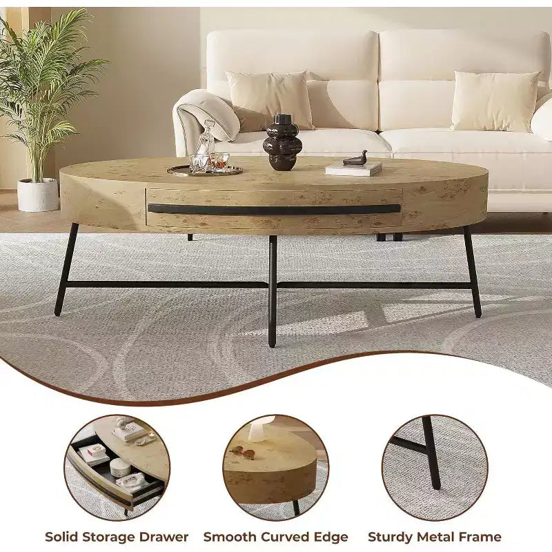 Mesa de centro oval Acekool com gaveta, mesa de arrumação de madeira de 47.2 com pernas metálicas cruzadas, mesa de centro moderna de meados do século em salgueiro natural e dourado