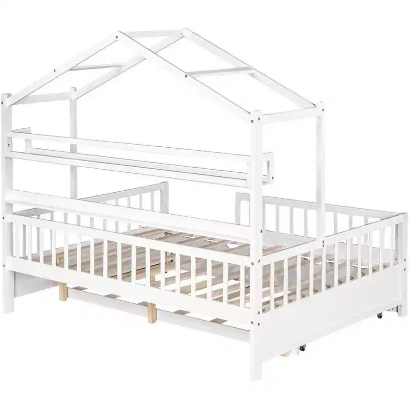 Estrutura de cama-casa Acekool Full com cama auxiliar Twin, gavetas de arrumação e prateleiras, telhado e vedação, cama de plataforma infantil, branca