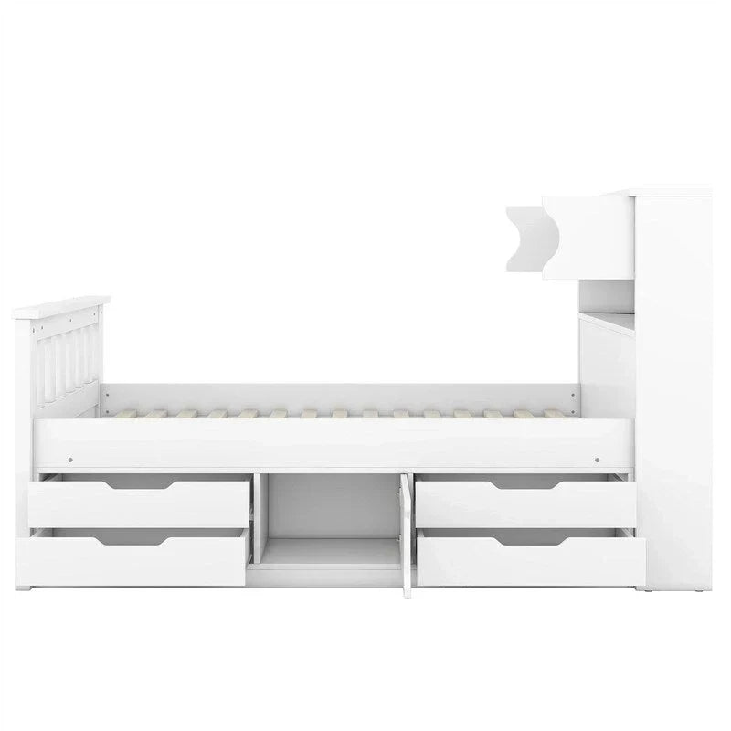 Cama de plataforma tipo capitão Twin/Full com 4 gavetas e prateleiras de arrumação, estrutura de cama em madeira maciça com cabeceira-estante para arrumação