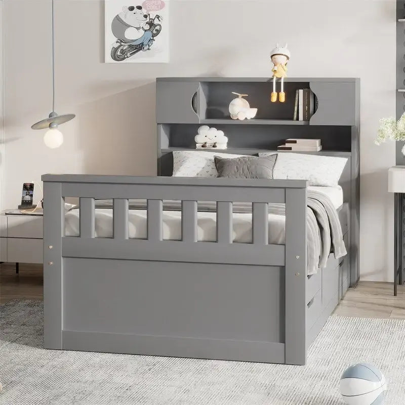 Cama de plataforma tipo capitão Twin/Full com 4 gavetas e prateleiras de arrumação, estrutura de cama em madeira maciça com cabeceira-estante para arrumação
