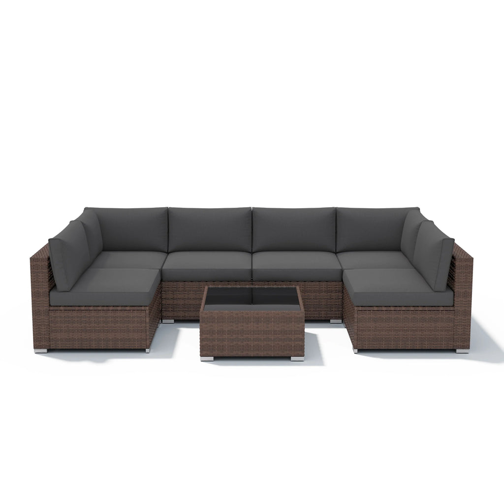 Ensemble de canapé modulaire d’extérieur rembourré en osier et acier, 7 pièces