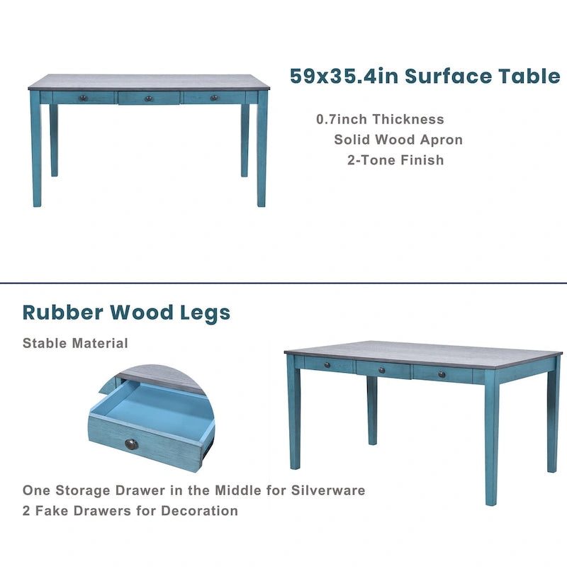 6-teiliges Esszimmer-Set aus Holz mit 4 Stühlen und Bank, Tisch mit Schublade
