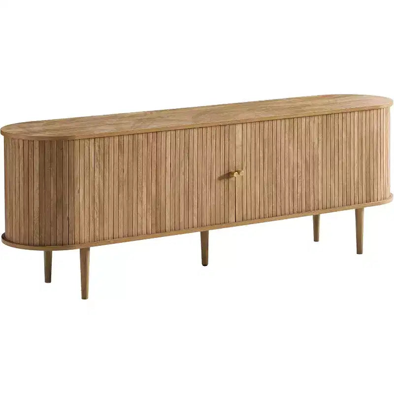 AMERLIFE 70-Zoll-TV-Ständer mit Beinen aus Massivholz, moderne TV-Konsole im Mid-Century-Stil mit Lamellentür