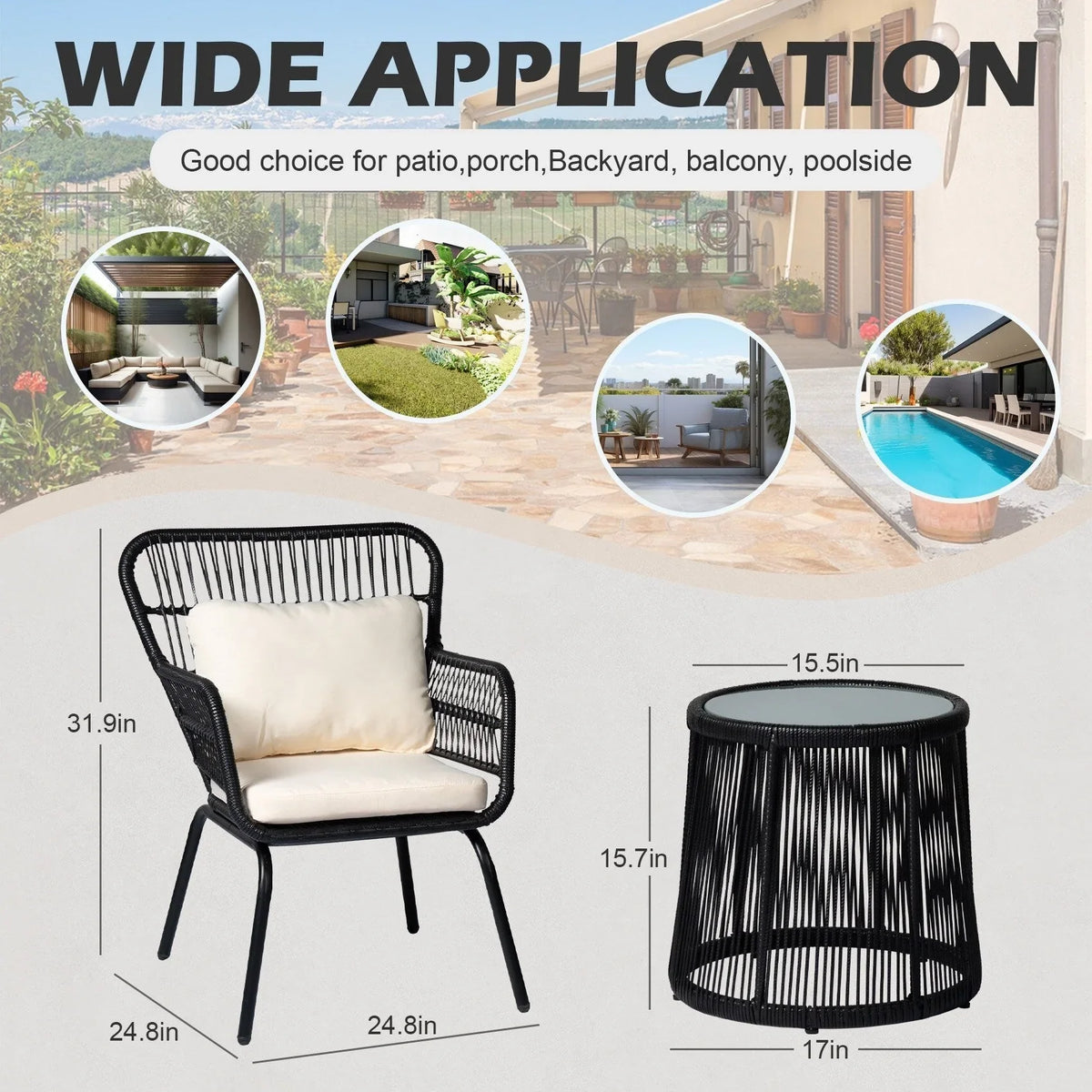 Ensemble bistro de conversation extérieur en osier de 3 pièces, mobilier de patio en rotin toutes saisons avec coussins