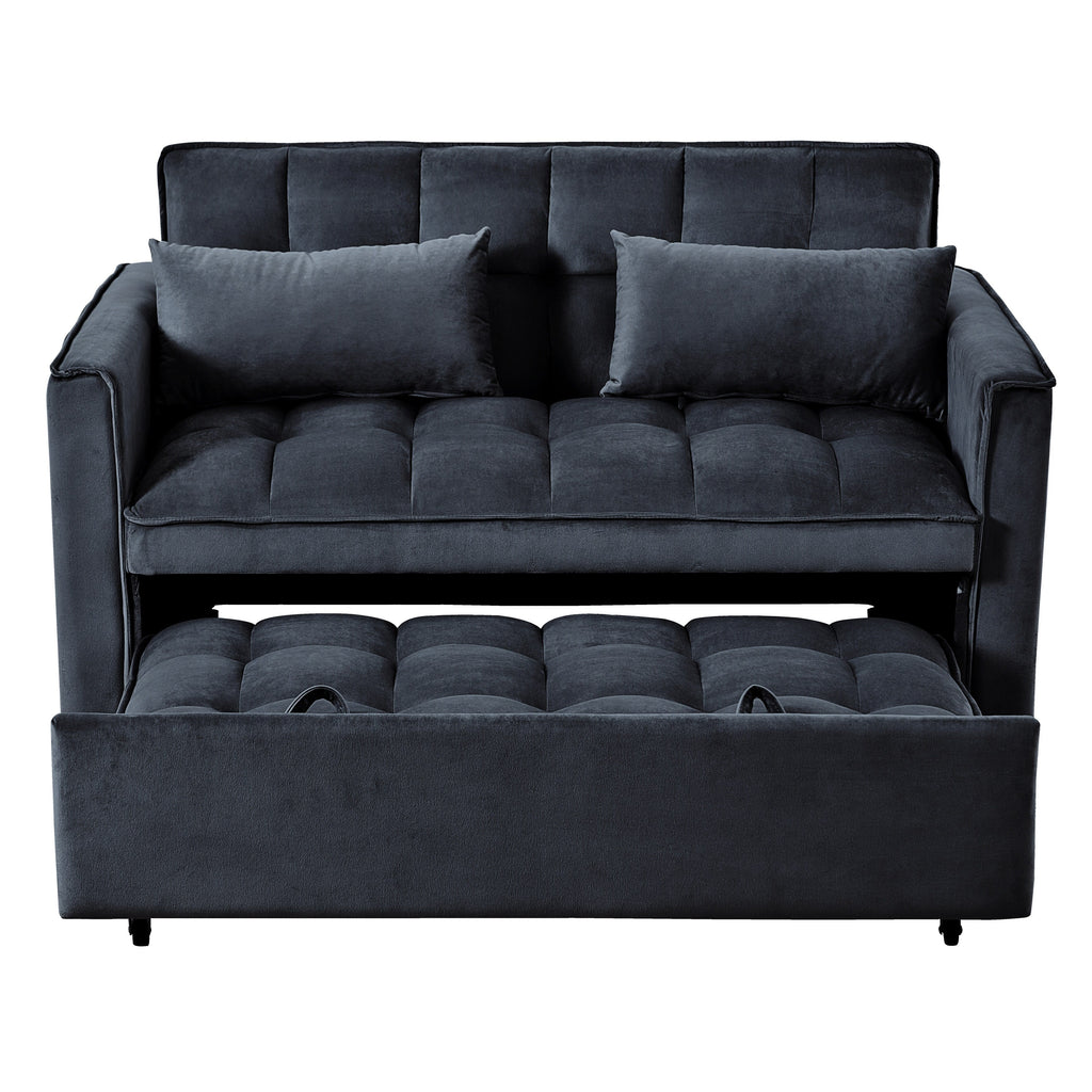 Sofá-cama moderno extensível, sofá-cama 3-em-1 com encosto ajustável, sofá de dois lugares em veludo, almofadas e bolsos laterais
