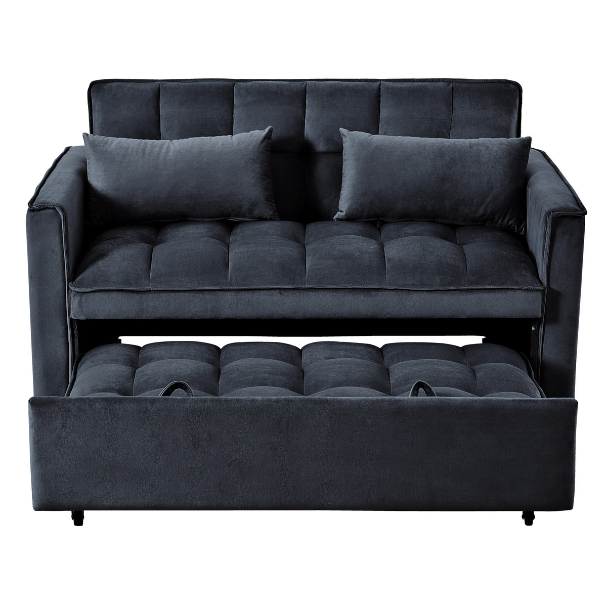 Sofá-cama moderno extensível, sofá-cama 3-em-1 com encosto ajustável, sofá de dois lugares em veludo, almofadas e bolsos laterais