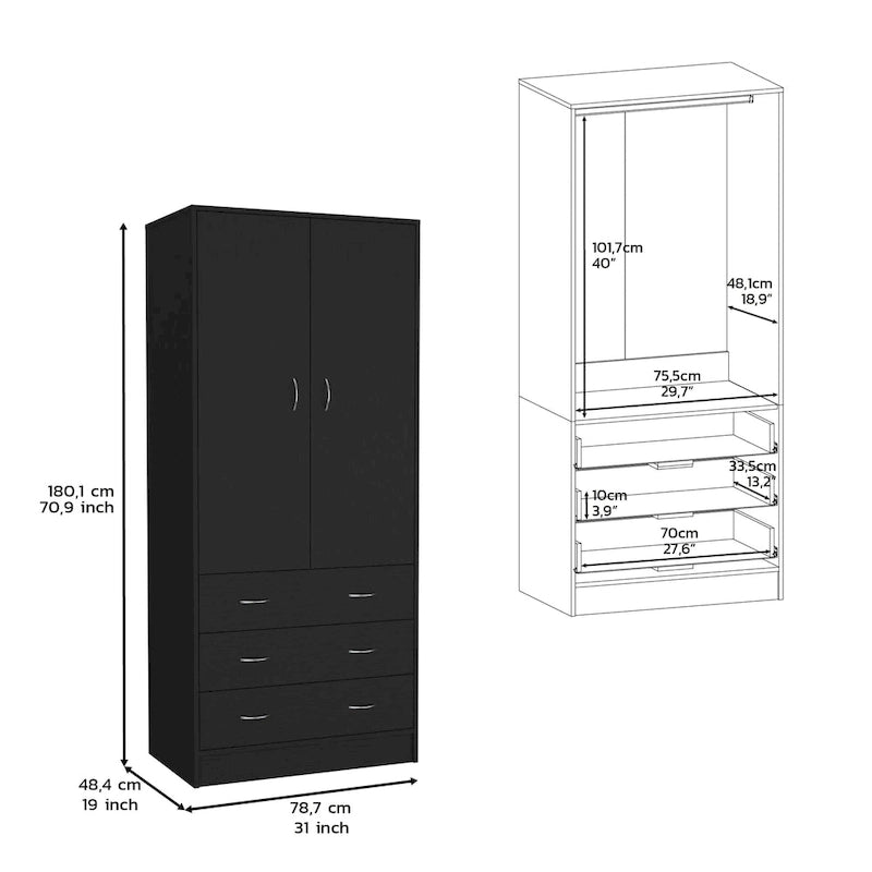 Armário moderno de duas portas 19 com 3 gavetas e 1 varão para quarto