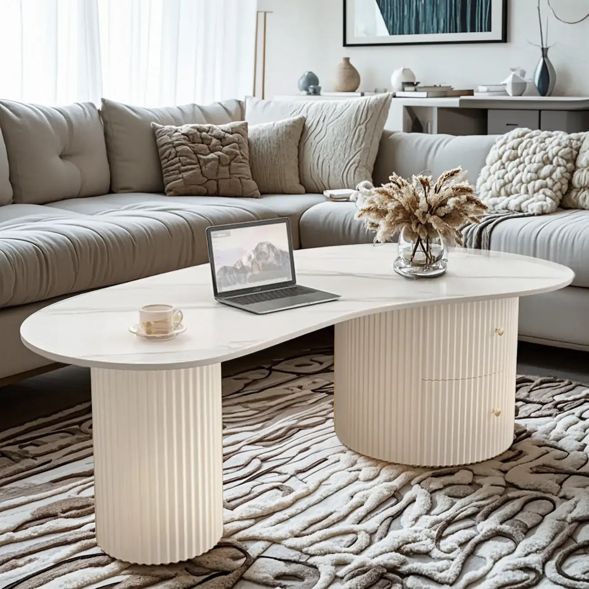 Minimalistischer ovaler Standard-Couchtisch in Weiß mit 2 Schubladen