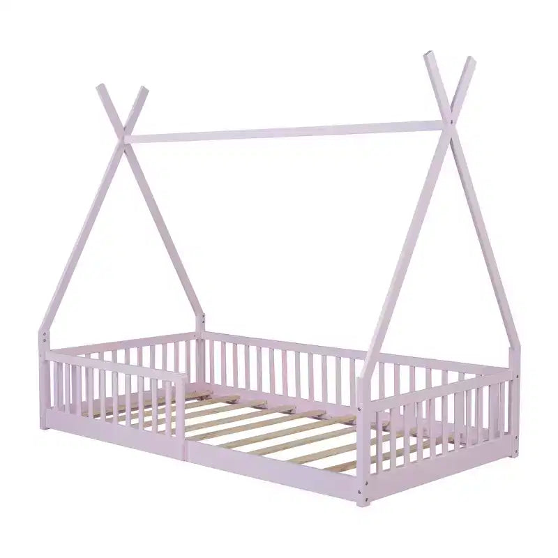 Cama de chão para crianças, camas-tenda individuais, cama de chão Montessori com ripas e grades de proteção, estrutura de cama-casa de madeira para meninos e meninas
