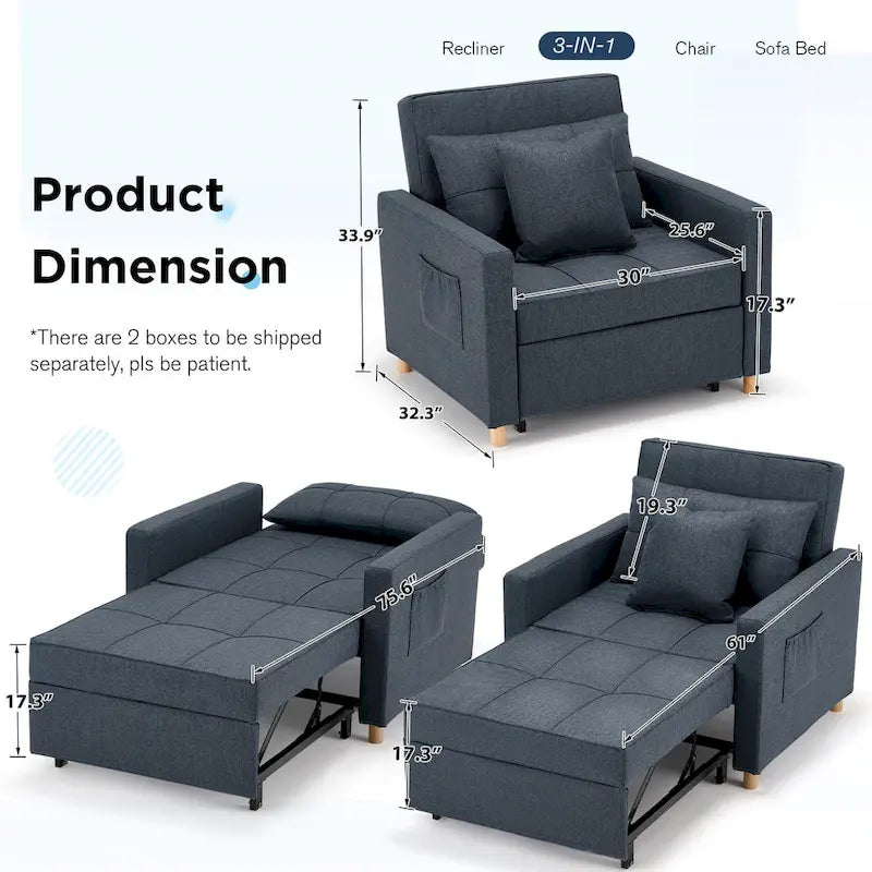 Poltrona-cama ajustável, convertível em 3 funções, várias cores, para 1 pessoa