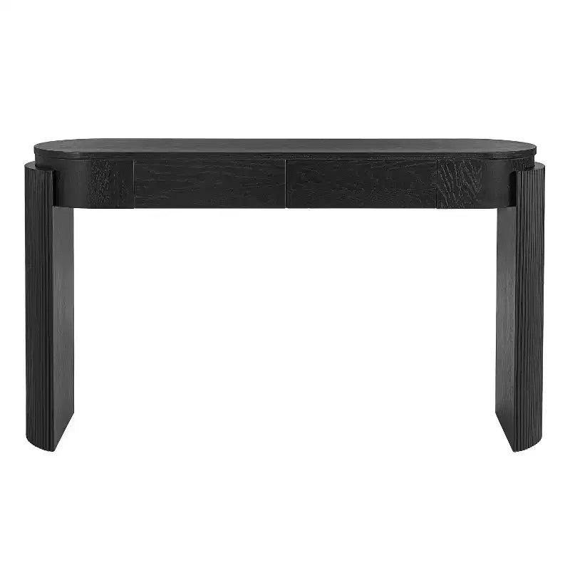 Mesa de consola moderna Merax com tampo oval e pernas curvas caneladas e duas gavetas ocultas