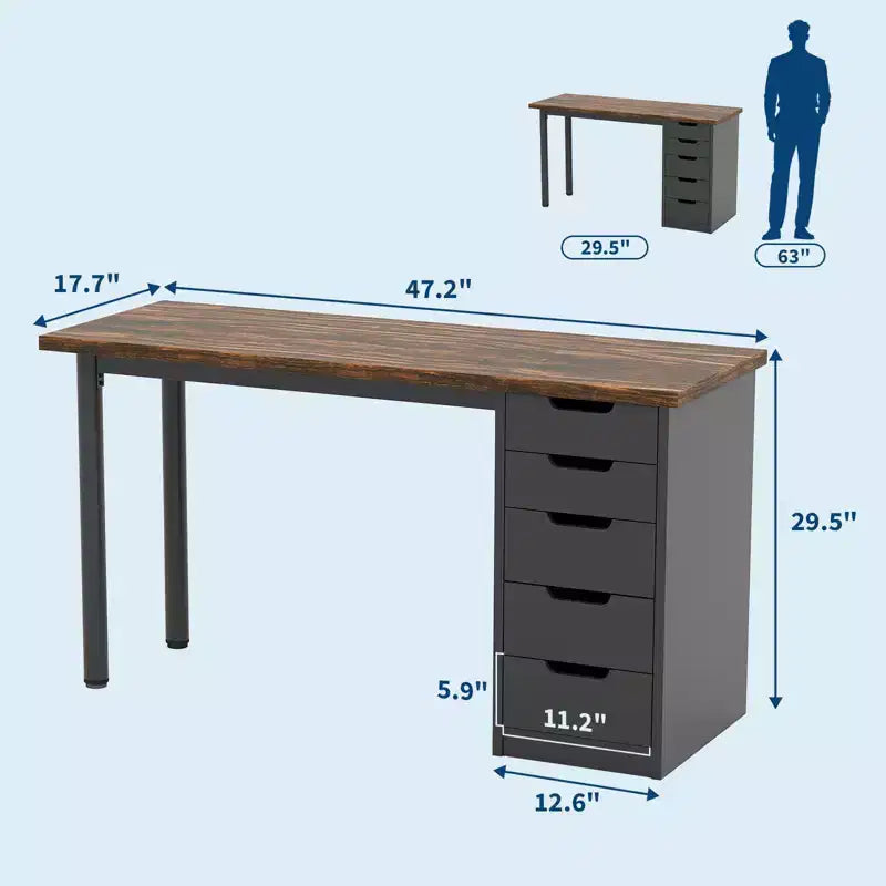 Secretária para computador de 47 polegadas com 5 gavetas de arrumação, mesa de estudo e escrita moderna de estilo rústico reversível, estação de trabalho para escritório em casa para espaços pequenos