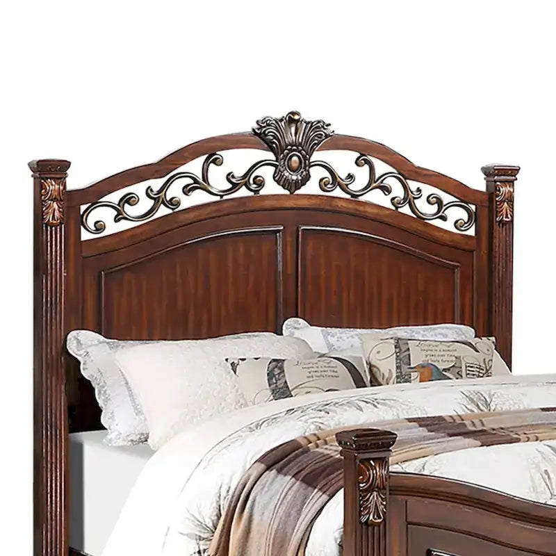 Wooden Bed with Crafted Headboard in Dark Cherry