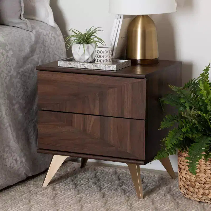Comodino a 2 cassetti in legno Graceland marrone noce/oro