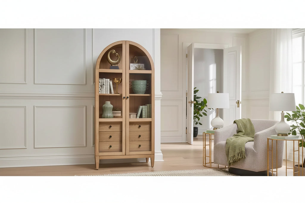 Libreria moderna ad arco in legno da 78" Collezione Laurel Marrone chiaro: Contenitore verticale, 3 cassetti