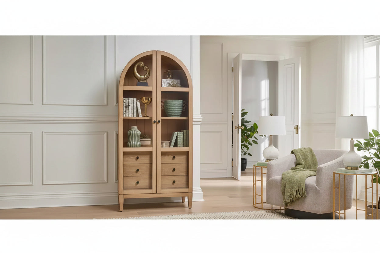 Libreria moderna ad arco in legno da 78" Collezione Laurel Marrone chiaro: Contenitore verticale, 3 cassetti