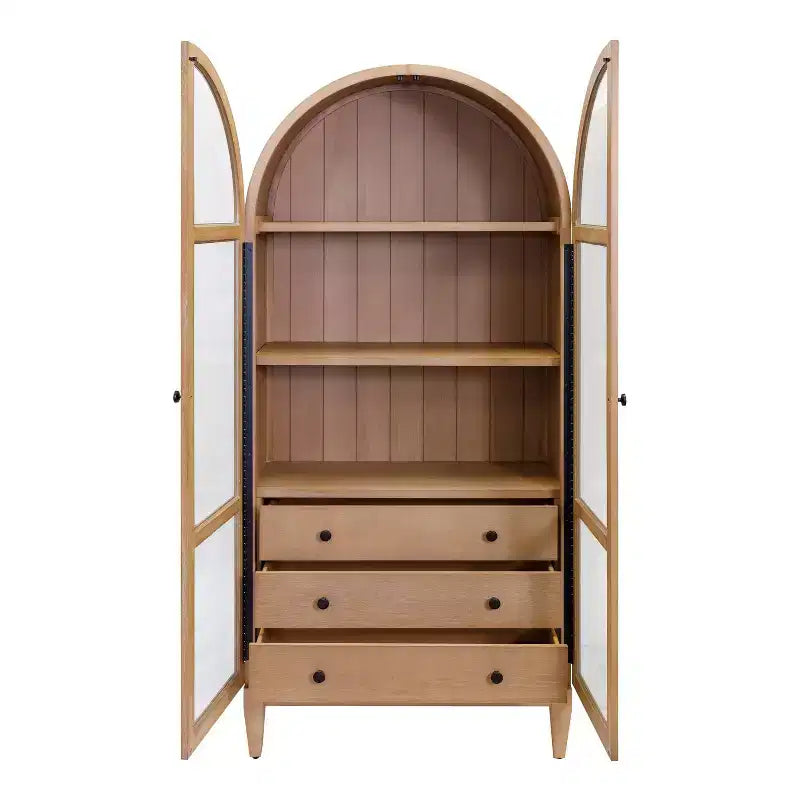 Libreria moderna ad arco in legno da 78" Collezione Laurel Marrone chiaro: Contenitore verticale, 3 cassetti