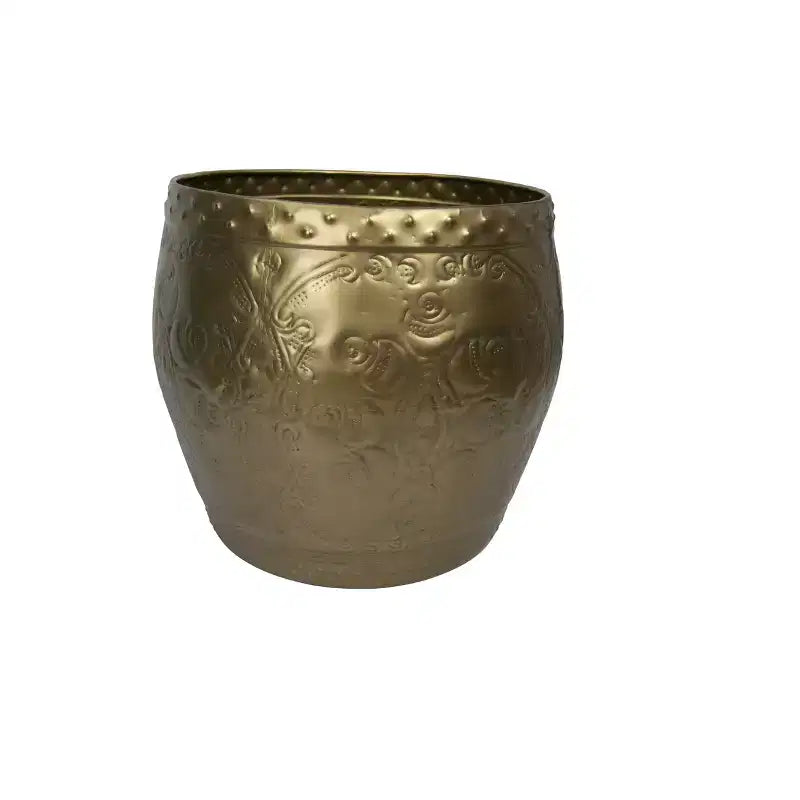 Tavolino con Accenti Laterali a Tamburo in Metallo Sbalzato Finitura Ottone