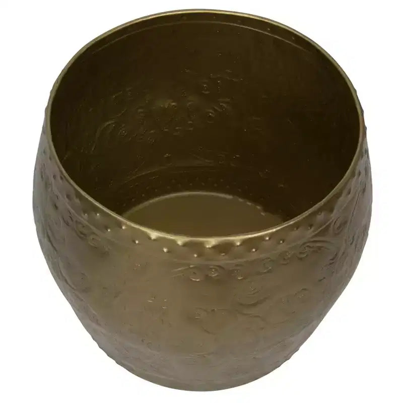 Tavolino con Accenti Laterali a Tamburo in Metallo Sbalzato Finitura Ottone