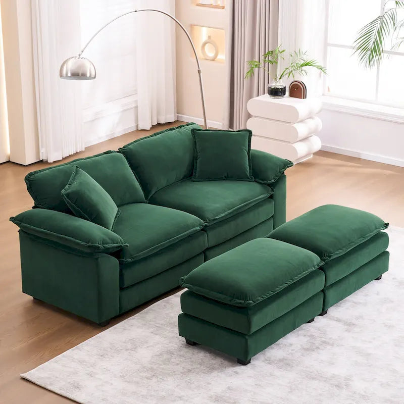 Canapé 2 places avec 2 coussins, 2 oreillers et 2 poufs, canapé confortable – canapé profond modulable pour le salon