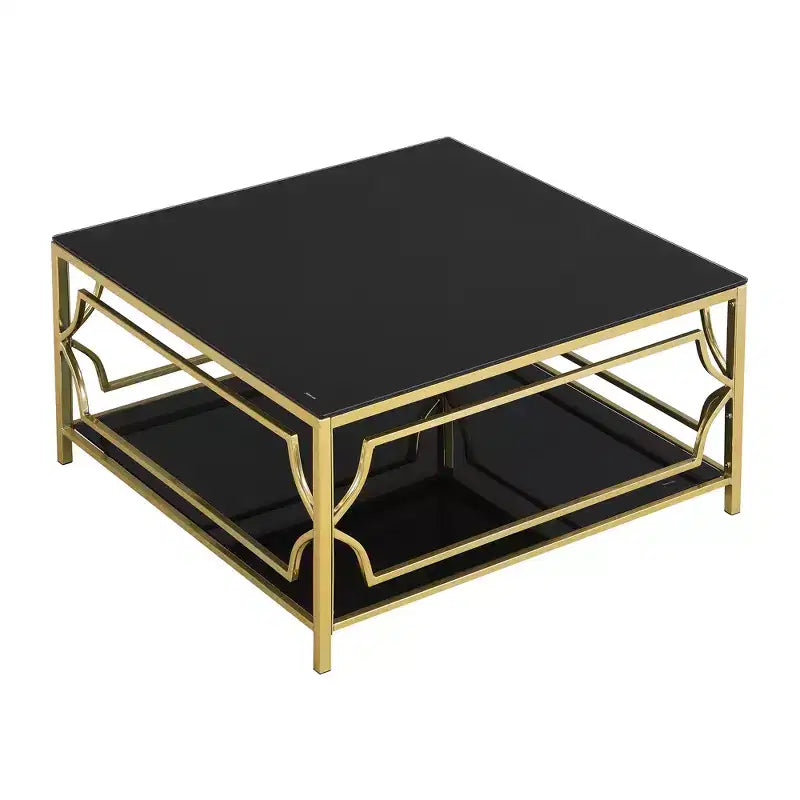 Mesa de centro quadrada Merax com tampo de vidro preto ou transparente e prateleira de exposição de dois níveis