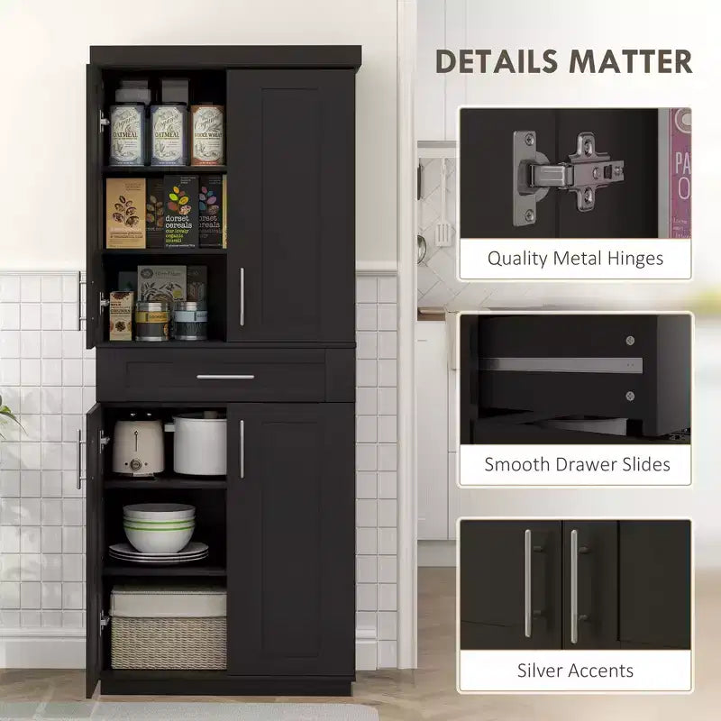 Meuble garde-manger de cuisine moderne autoportant avec portes et tiroir, étagères réglables