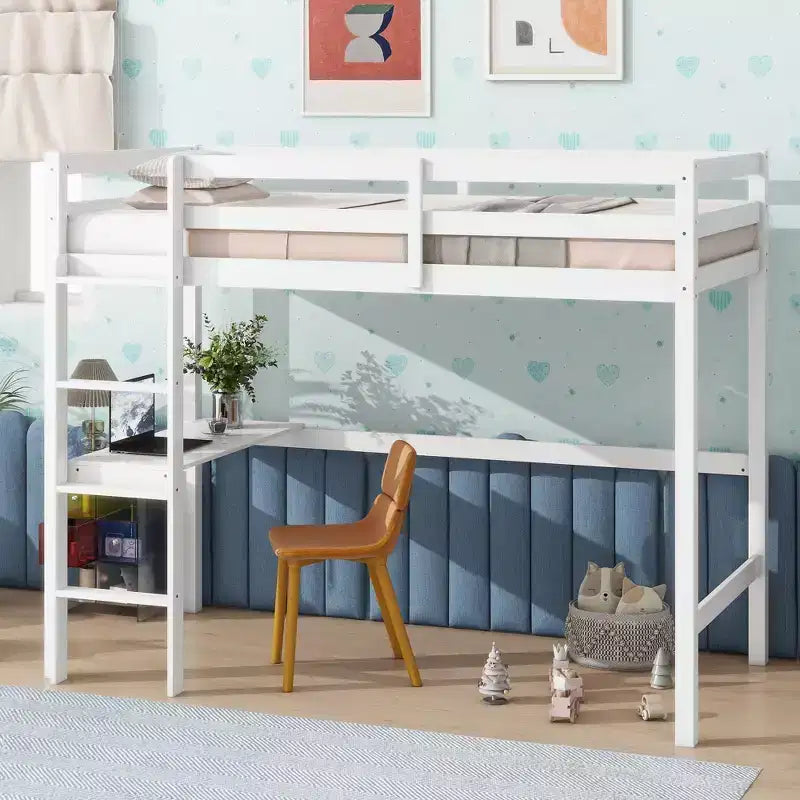 Lit mezzanine minimaliste Okak avec échelle, lit mezzanine double en bois d'hévéa avec barrière de sécurité et bureau intégré, cadres de lit pour enfants et adolescents