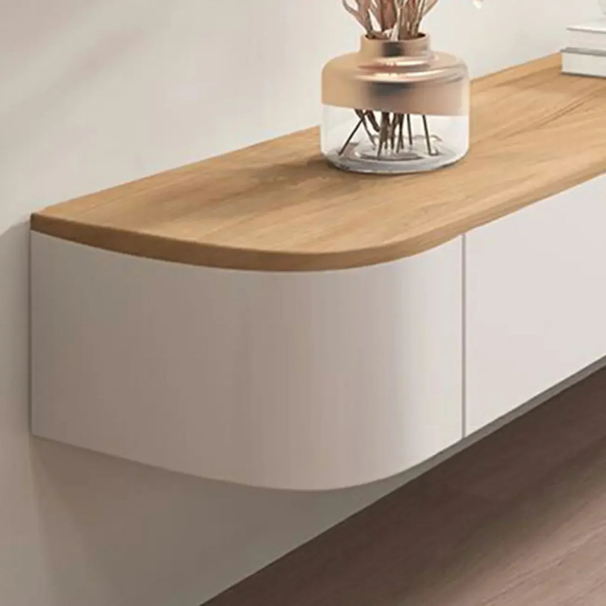 Moderner langer weißer schwebender TV-Schrank aus Holz mit Schubladen