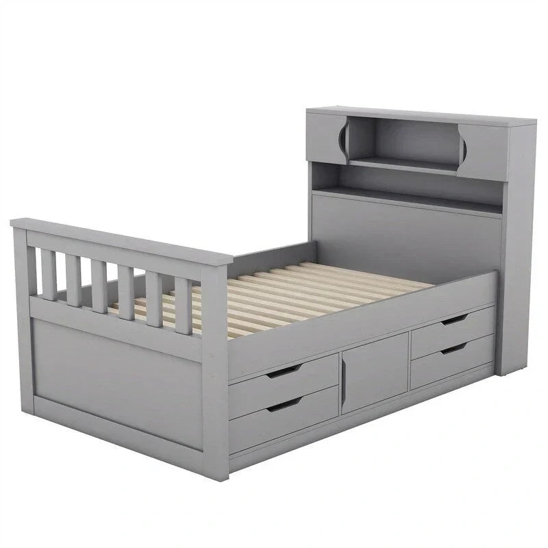 Cama de plataforma tipo capitão Twin/Full com 4 gavetas e prateleiras de arrumação, estrutura de cama em madeira maciça com cabeceira-estante para arrumação