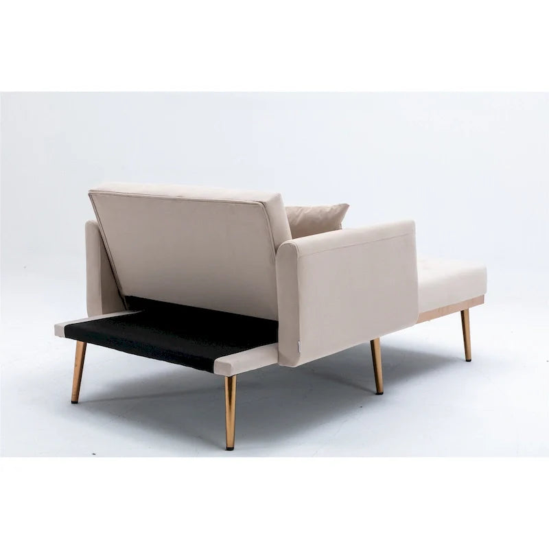 Poltrona letto in velluto imbottito e trapuntato per soggiorno, con gambe color oro rosato