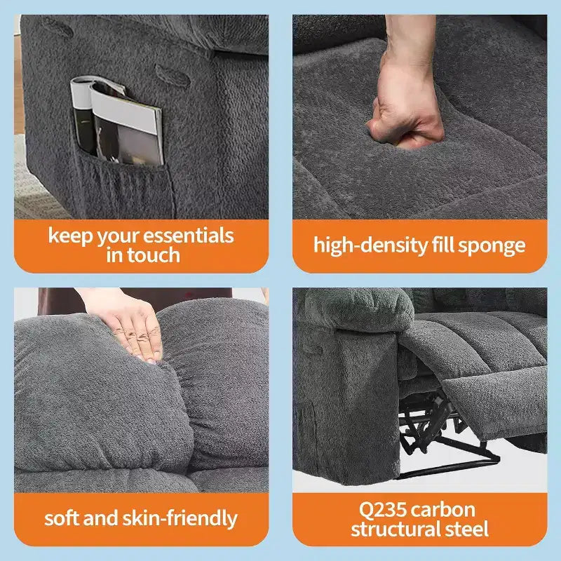 Cadeirão reclinável manual, com tecido ergonómico e respirável e bolsos laterais, sofá individual, adequado para a sala de estar ou o quarto