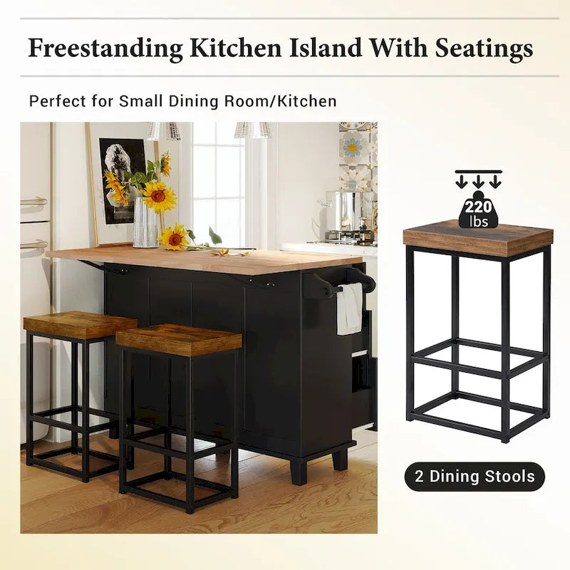 Conjunto de ilha de cozinha TOPMAX com aba rebatível e 2 lugares, conjunto de mesa de jantar com prateleira ajustável, gavetas e toalheiro