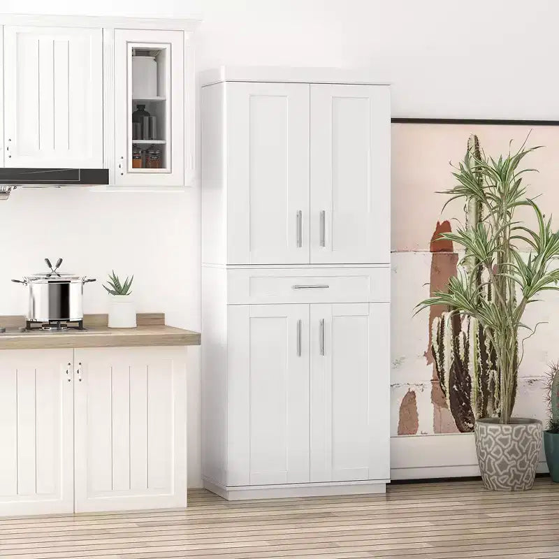 Meuble garde-manger de cuisine moderne autoportant avec portes et tiroir, étagères réglables