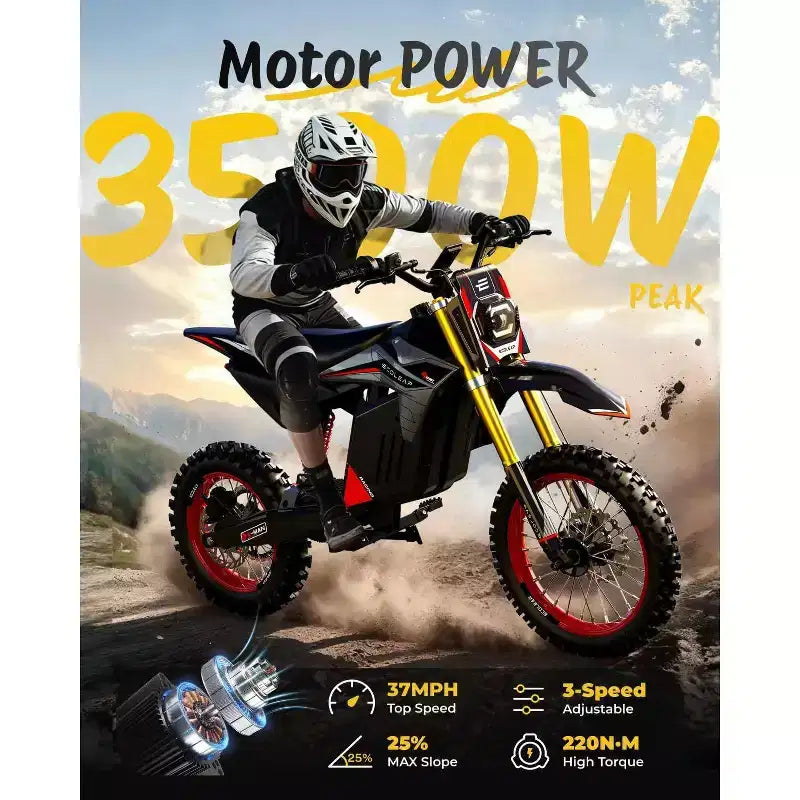 ECOLEAP elektrické terénní kolo s vrcholným výkonem 3500W pro teenagery a dospělé, terénní elektrokolo s rychlostí 37MPH, baterie 48V 21Ah, dojezd až 55 mil, nosnost 400LBS, 13+