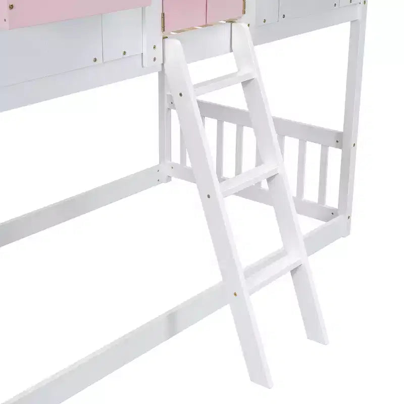 Cama alta de tamanho Twin em forma de casa, cama alta de madeira tipo casinha com escada e barreiras de proteção para crianças