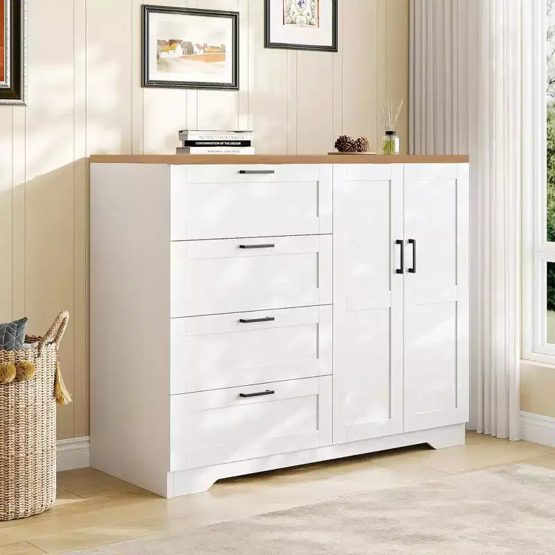 43,3 Zoll hoher Kleiderschrank aus Holz mit 4 Schubladen und Kleiderstange, multifunktionaler Aufbewahrungsschrank und Kommode für Kleidung im Schlafzimmer