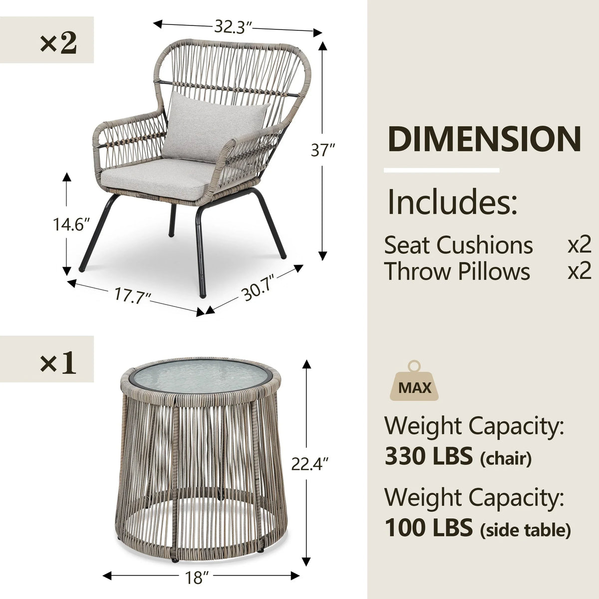 Ensemble bistro de conversation extérieur en osier de 3 pièces, mobilier de patio en rotin toutes saisons avec coussins