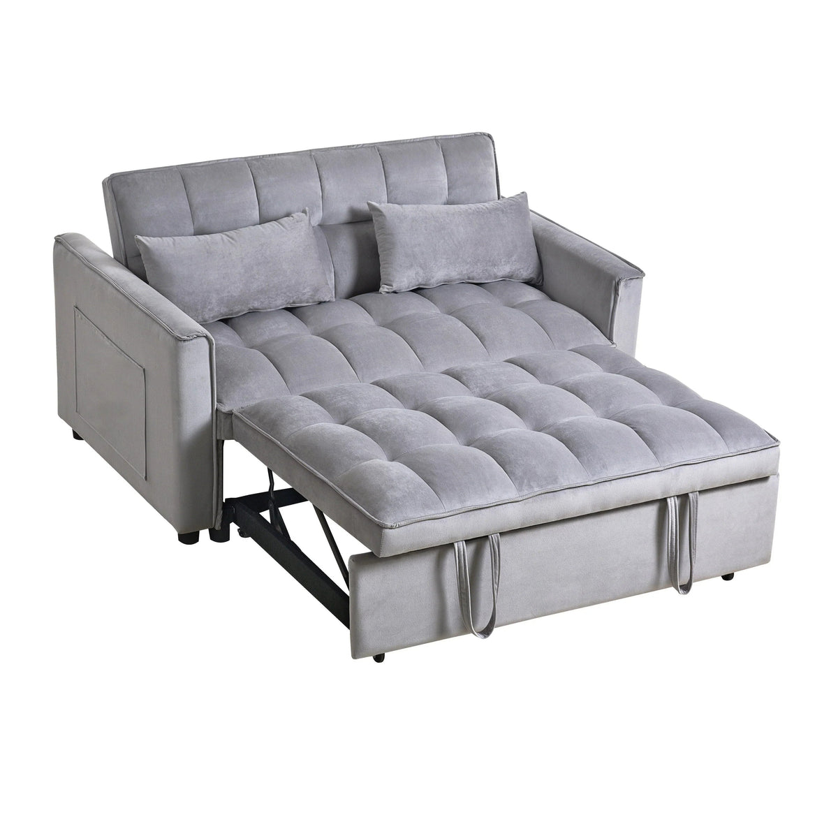 Sofá-cama moderno extensível, sofá-cama 3-em-1 com encosto ajustável, sofá de dois lugares em veludo, almofadas e bolsos laterais